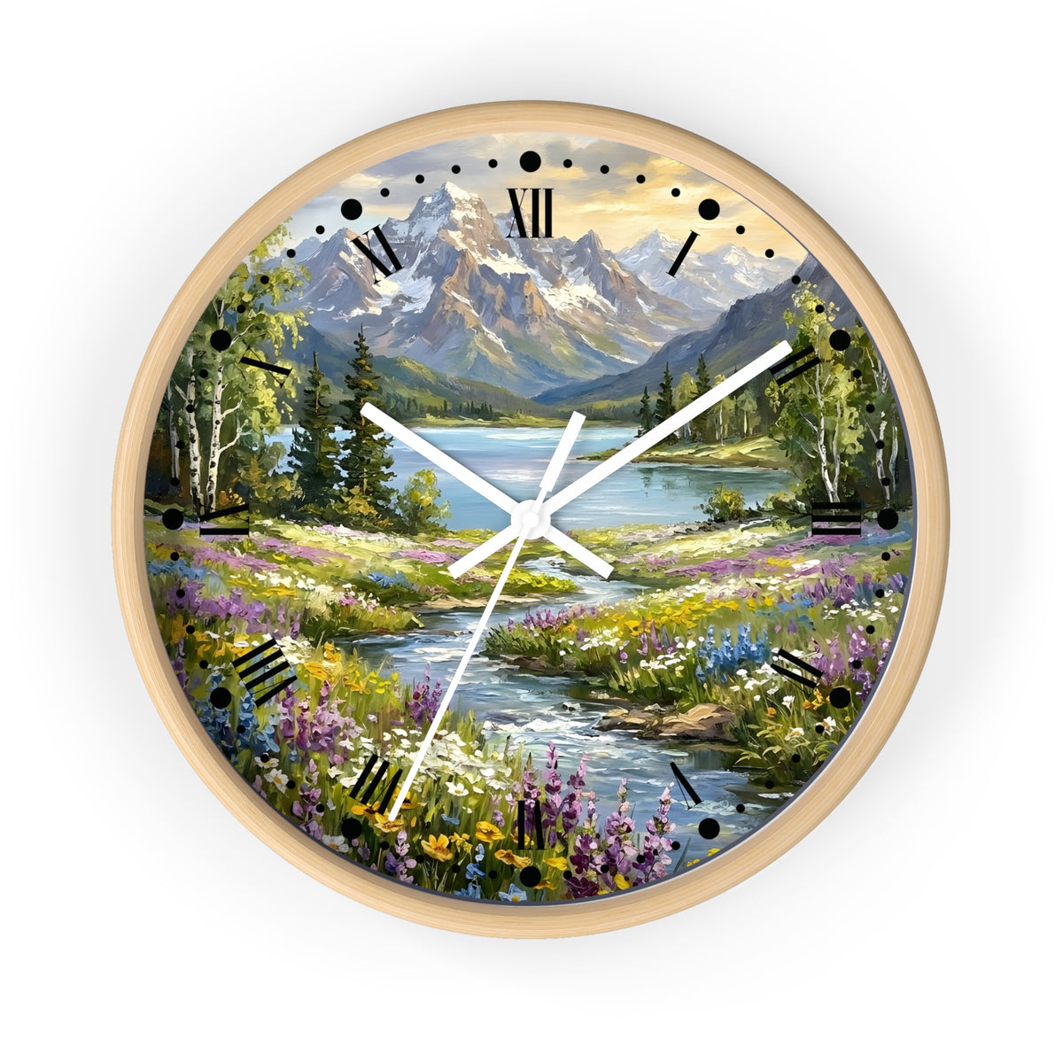 A round wall clock with a light wood frame and a scenic landscape print featuring mountains, a lake, trees, and a wildflower meadow. The clock face has black Roman numerals and white hands, shown against a plain white background.