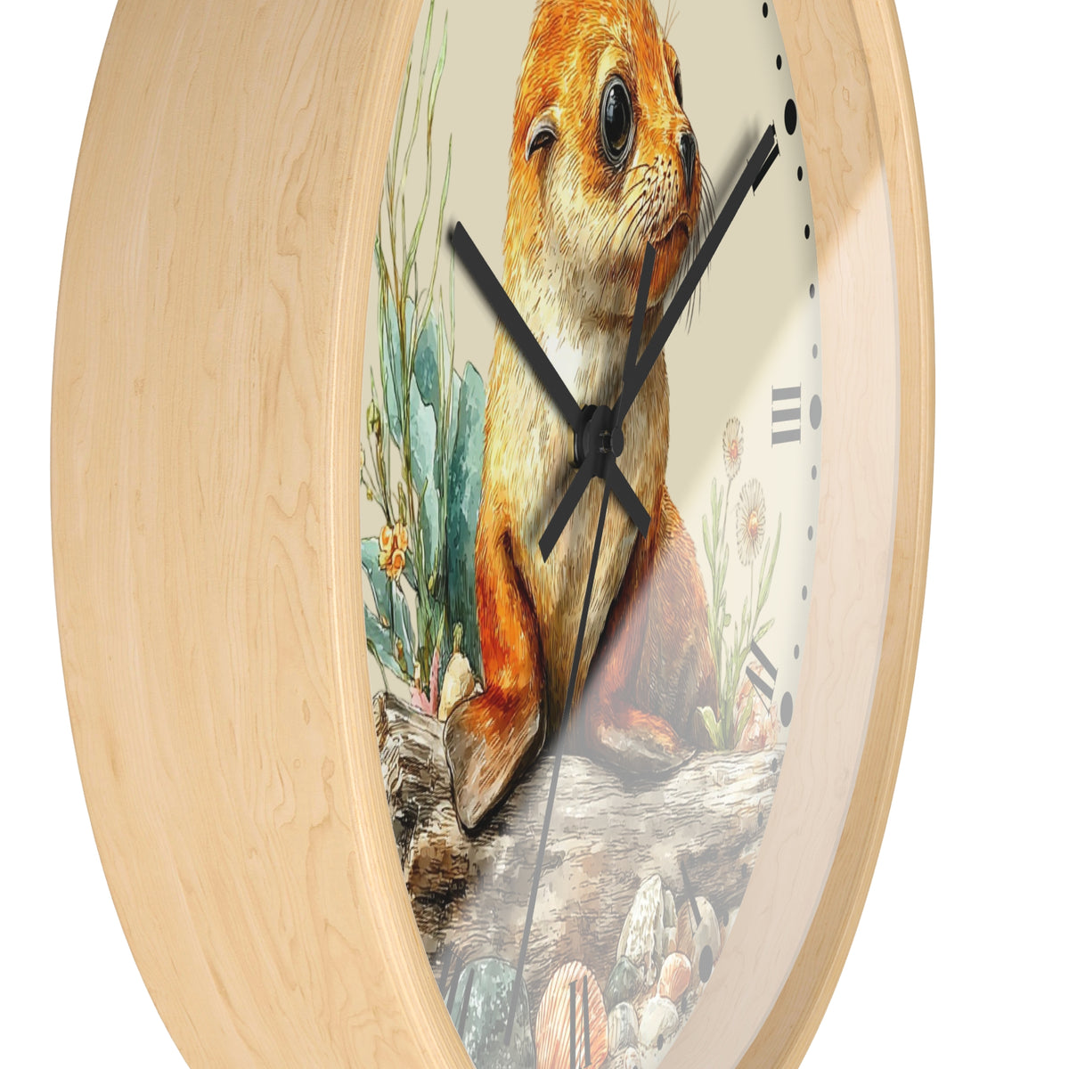 Round wall clock with a light natural wood frame and a printed illustration of a seal on the face, shown against a plain white background.