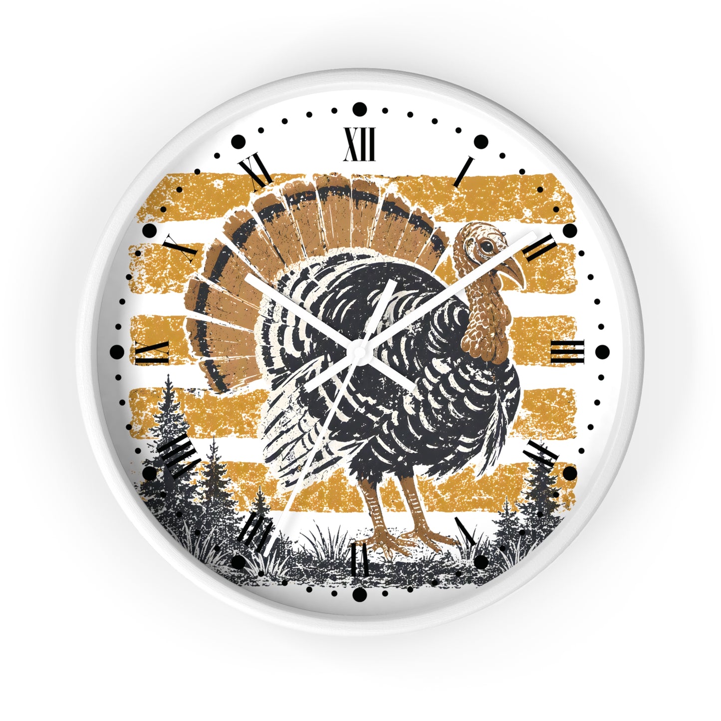 A round wall clock with a white frame and a festive Thanksgiving design. The clock face features a distressed pattern of gold and orange horizontal stripes, a black and brown turkey in the center, black pine trees at the bottom, and black Roman numerals with dot hour markers on a white background.