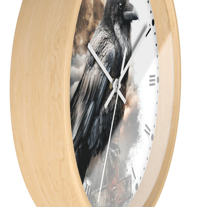 Round wall clock with a light natural wood frame and a printed raven design on the face, shown against a plain white background.