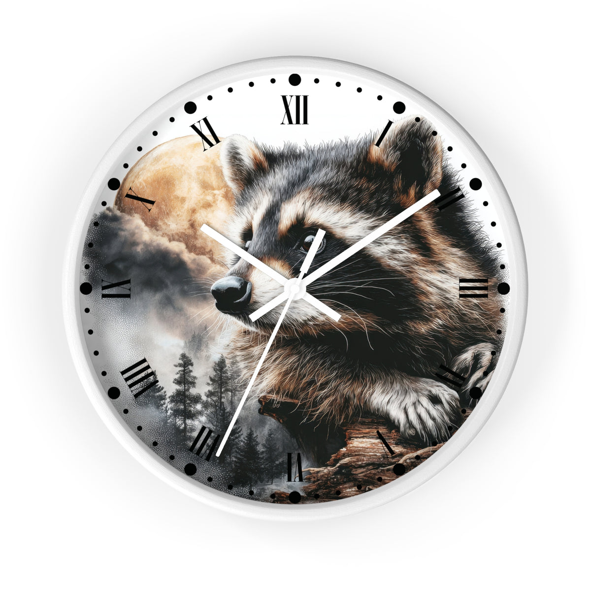 A round wall clock with a white frame and Roman numerals, featuring a printed raccoon over a forest and moon scene on the face.