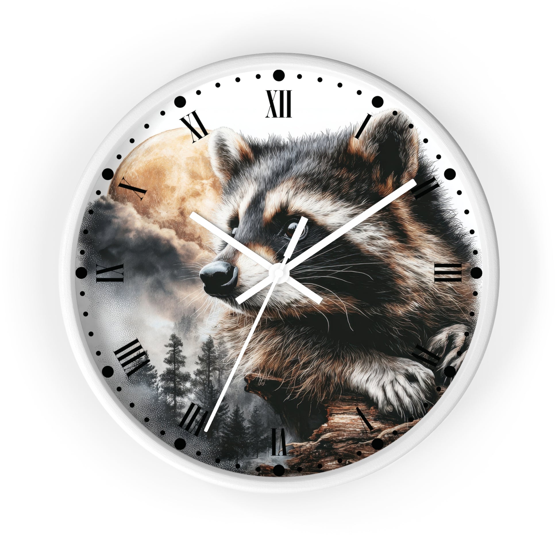A round wall clock with a white frame and Roman numerals, featuring a printed raccoon over a forest and moon scene on the face.