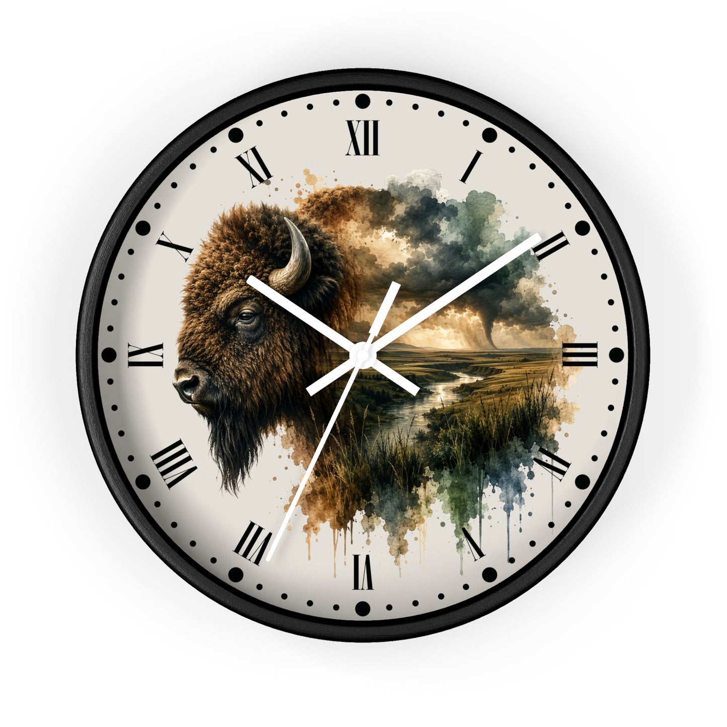 Buffalo Landscape Wall Clock — Rustic Prairie Bison Art