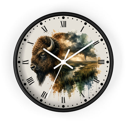 Buffalo Landscape Wall Clock — Rustic Prairie Bison Art