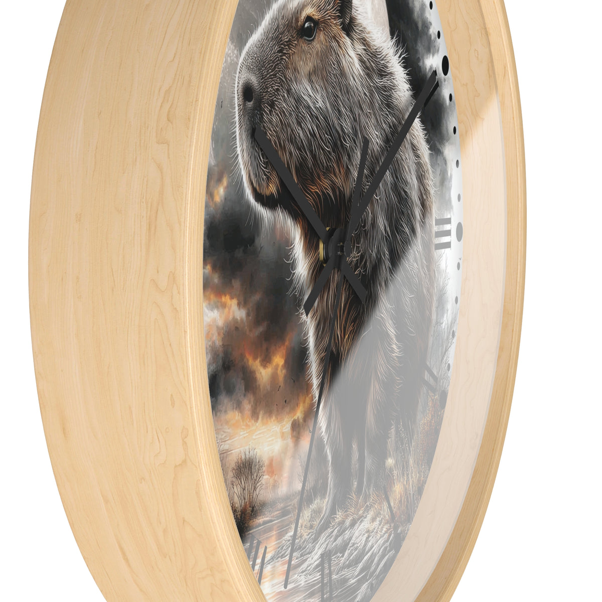 Round wall clock with a light natural wood frame and a printed animal scene featuring a capybara over a smoky landscape. The clock is shown at an angle against a plain white background.