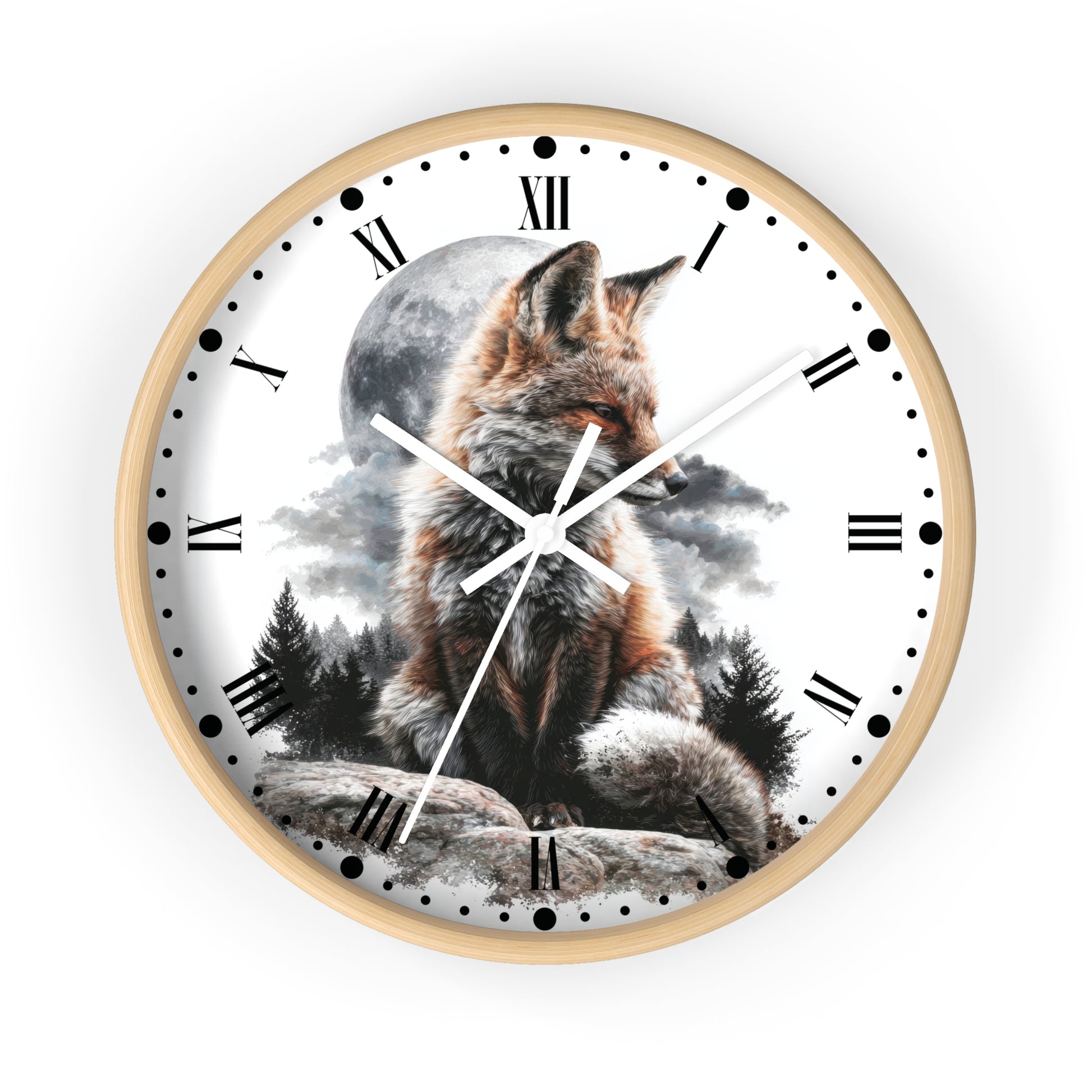 A round wall clock with a white face and frame, featuring a detailed illustration of a fox sitting in front of a full moon and dark trees. The clock uses black Roman numerals and dot hour markers with white hands.