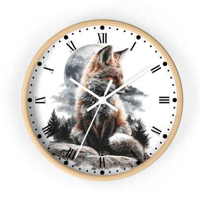 A round wall clock with a white face and frame, featuring a detailed illustration of a fox sitting in front of a full moon and dark trees. The clock uses black Roman numerals and dot hour markers with white hands.