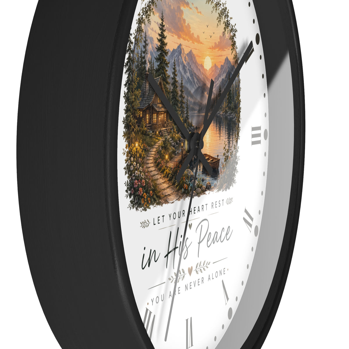 Scenic Cabin Christian Wall Clock - 'In His Peace Let Your Heart Rest'