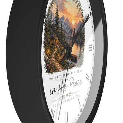 Scenic Cabin Christian Wall Clock - 'In His Peace Let Your Heart Rest'