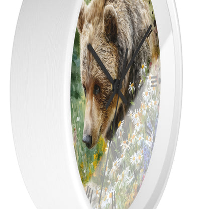 Grizzly Bear in Wildflower Meadow Wall Clock — Rustic Nature Animal Decor