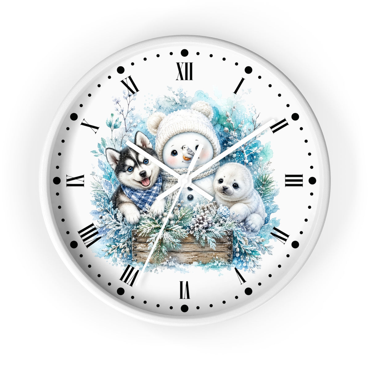 A round wall clock with a white face and outer rim, featuring a winter illustration of a snowman, a husky, a seal, evergreen branches, and a wooden crate. The clock uses black Roman numerals and dot hour markers with white hands.
