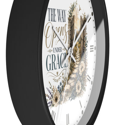 Rustic Floral Inspirational Wall Clock - "The Way Opens Under Grace"  Christian Home Decor