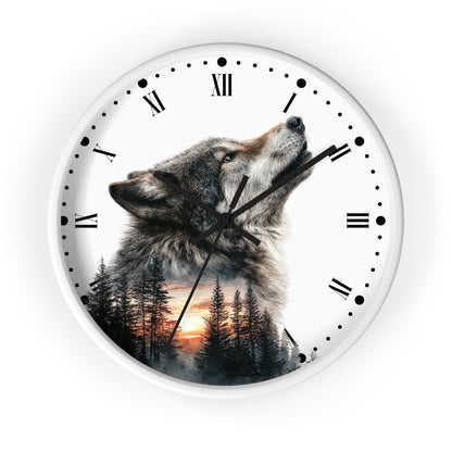 Wolf  Sunset Wall Clock with Roman Numerals — Rustic Forest Animal Decor