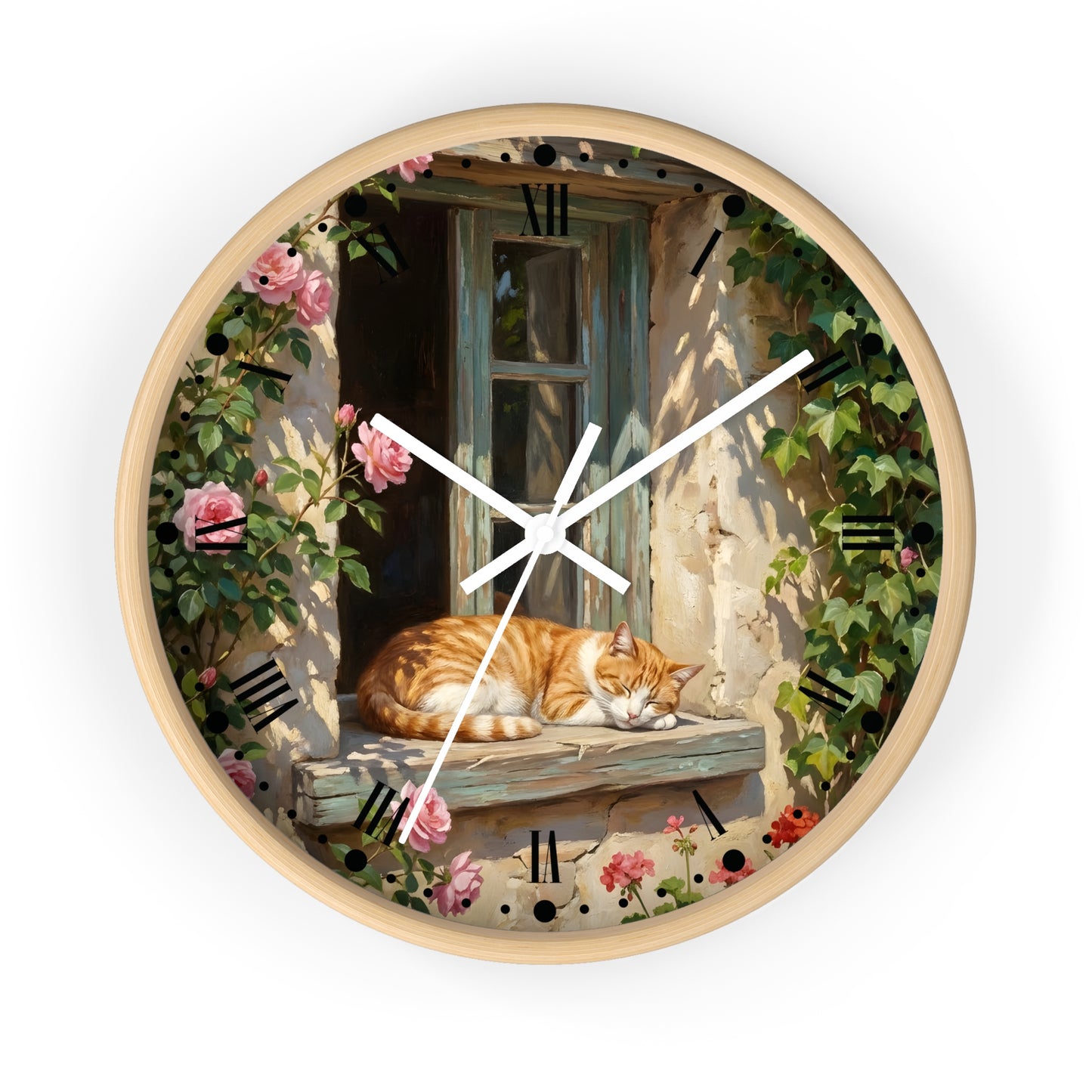 Orange & White Cat Napping Garden Wall Clock — Vintage Floral Window Scene