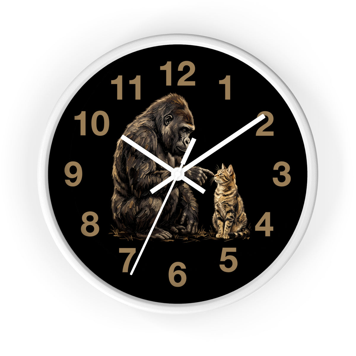 A round wall clock with a black face, white frame, gold Arabic numerals, and a detailed illustration of a gorilla and a cat on the front, shown against a plain white background.