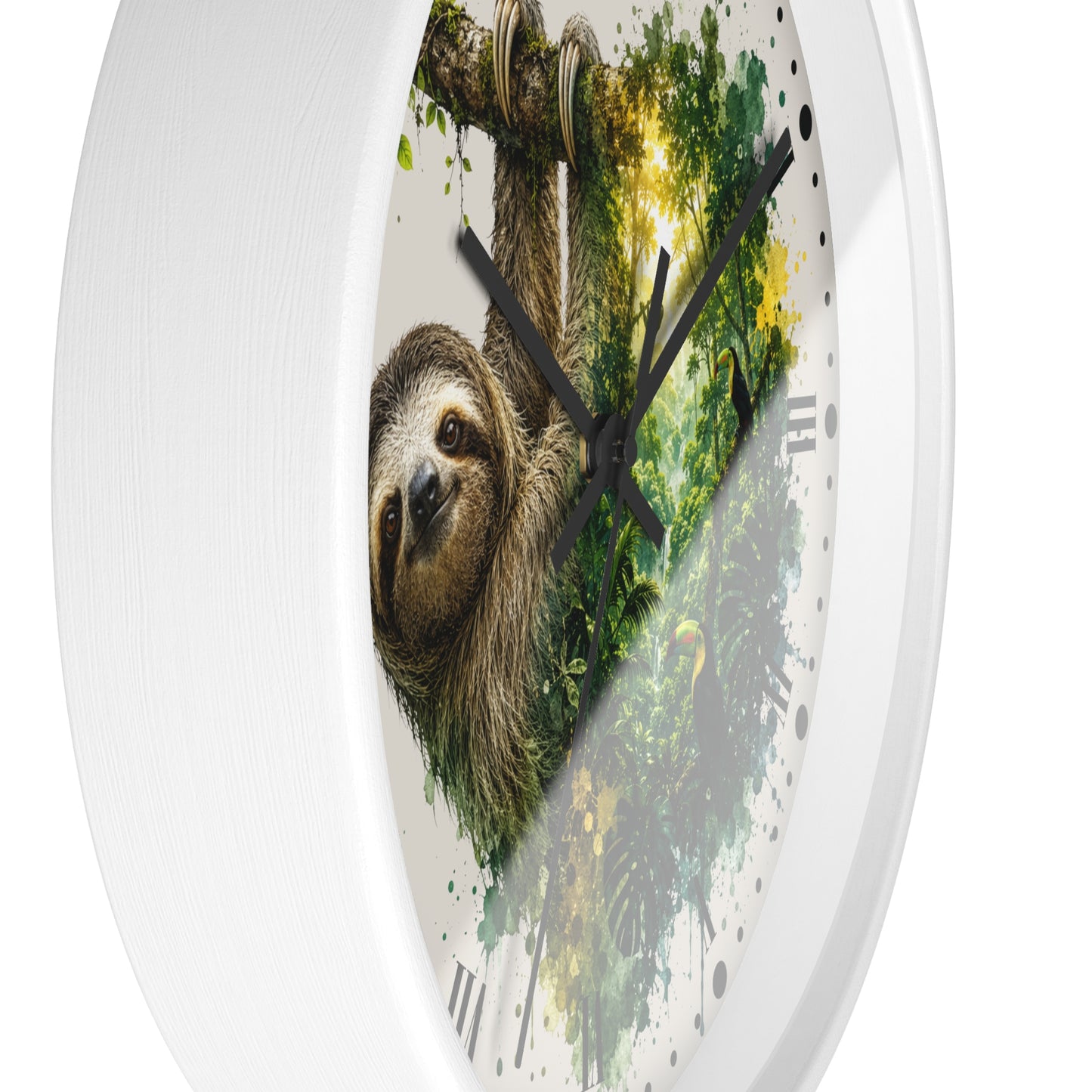 Round white wall clock with a printed sloth in a jungle scene on the face, shown against a plain white background.