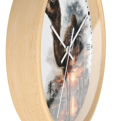 Round wall clock with a light natural wood frame and a printed dial showing a camel in a desert landscape with palm trees and a sunset.