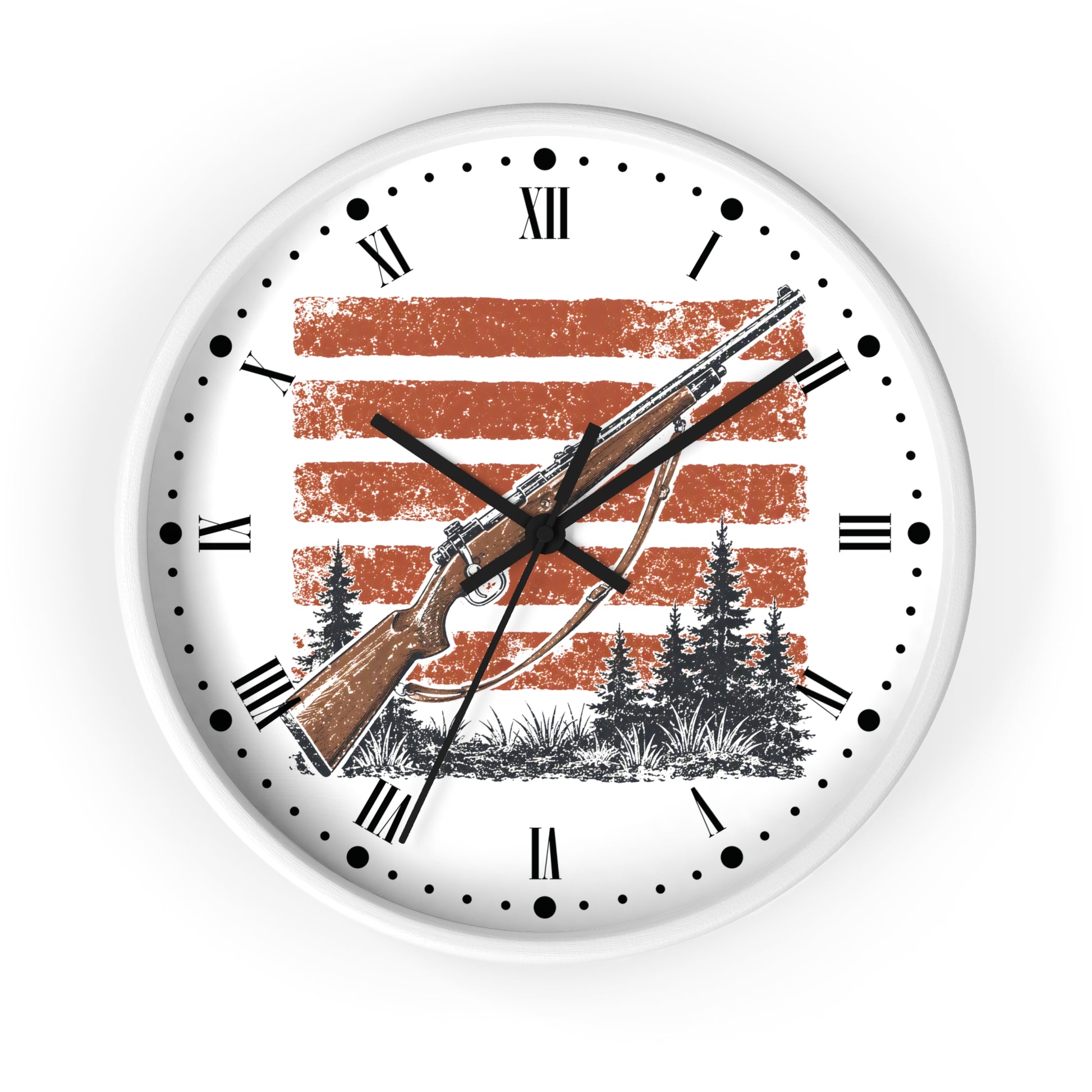 A round wall clock with a white face, black Roman numerals, and black hands. The center features a rustic graphic of a bow and arrow set against horizontal rust-orange stripes with pine trees below.