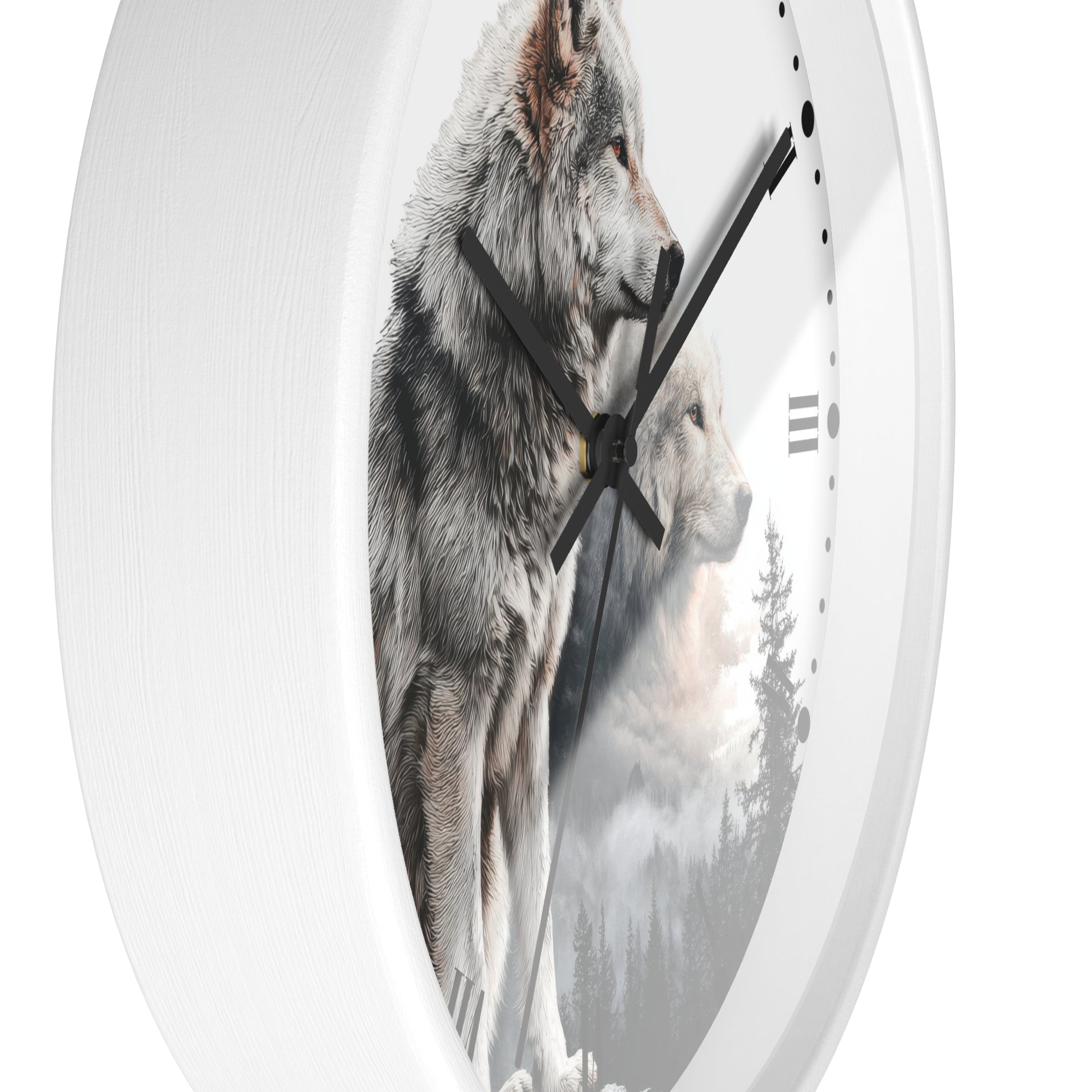 Round wall clock with a white frame and a printed wolf scene on the face, featuring black hands and minimal black hour markers, shown against a plain white background.