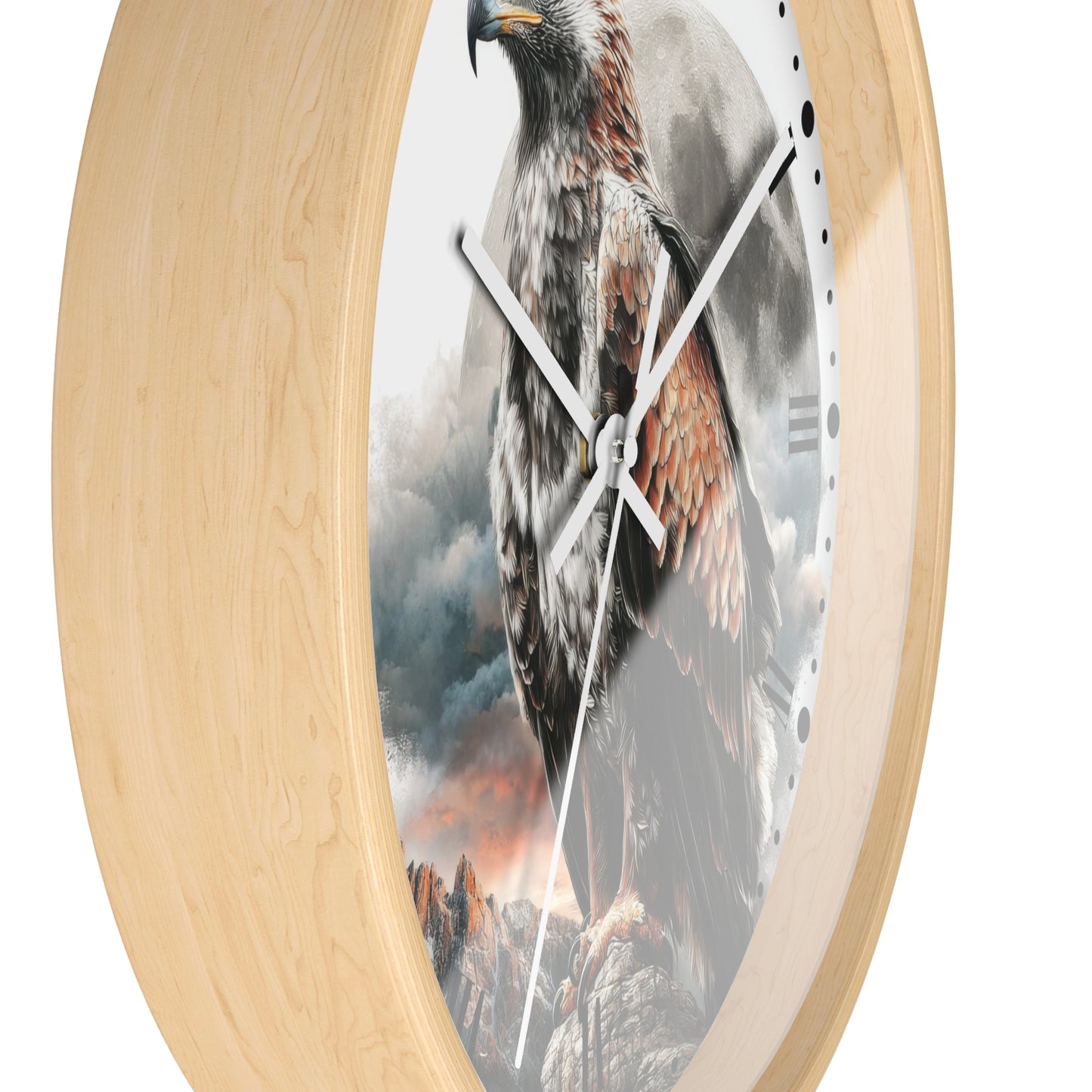 Round wall clock with a light natural wood frame and a printed scene of a large eagle over rocky mountains and clouds on the face, shown against a plain white background.