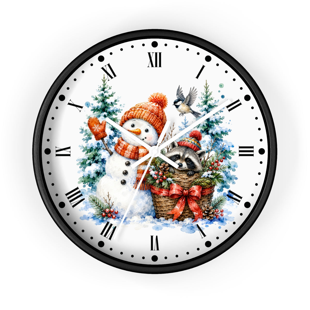 A round wall clock with a black frame and a white face featuring a festive Christmas illustration. The design shows a snowman in an orange hat and scarf, a raccoon in a basket with red bows, evergreen trees, and a small bird, with black Roman numerals and white clock hands on a plain white background.