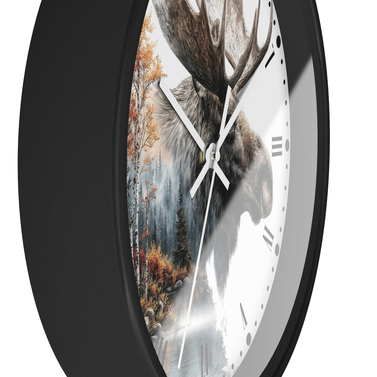 A close-up of a round wall clock with a black frame and a printed design featuring a moose head over a forest scene, with white clock hands and Roman numerals on a white dial.