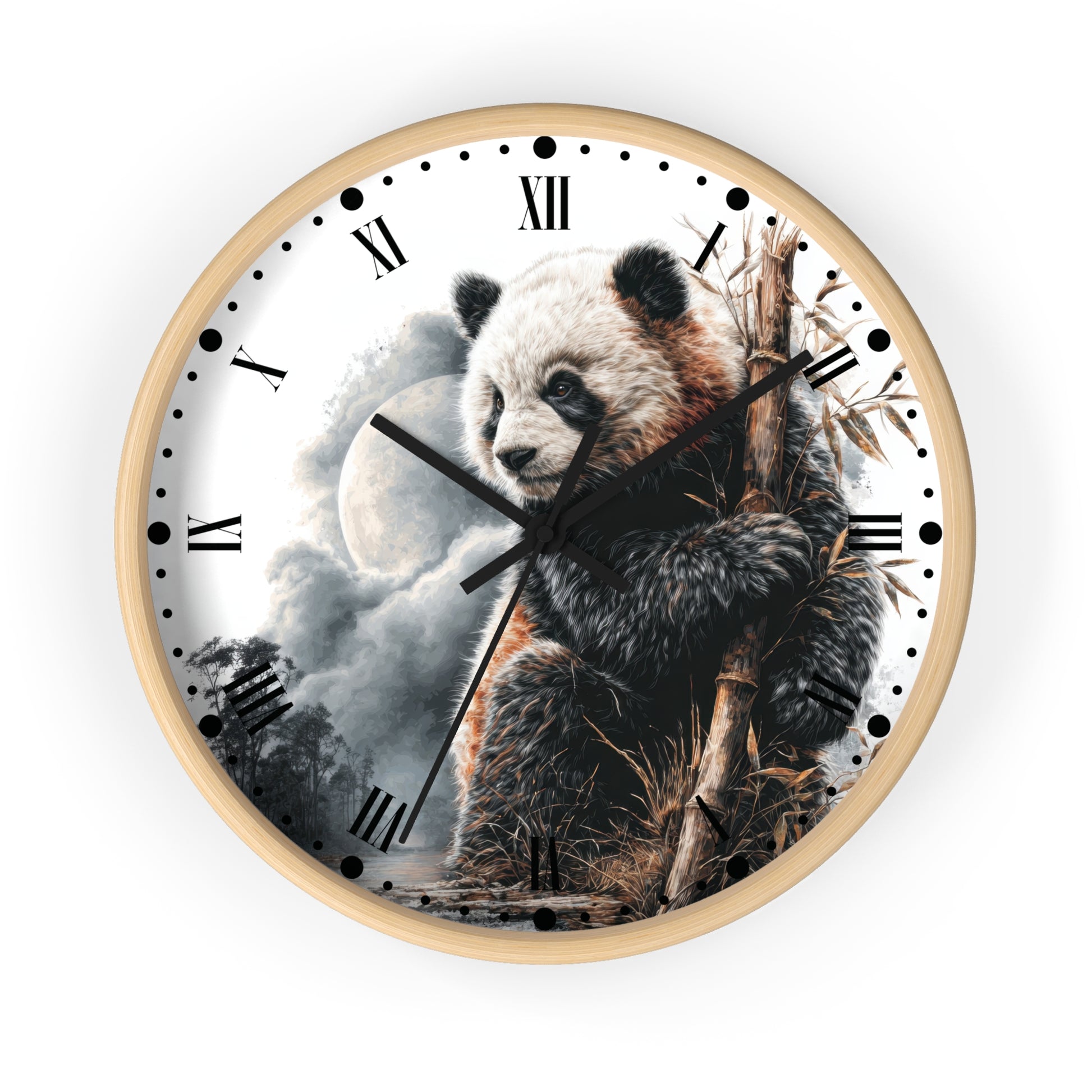 A round wall clock with a light wood frame and a printed panda illustration on the face. The clock features black Roman numerals, black clock hands, and a scenic background with clouds and a moon, shown against a plain white background.