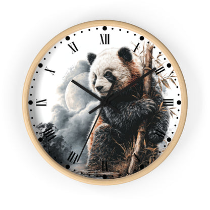A round wall clock with a light wood frame and a printed panda illustration on the face. The clock features black Roman numerals, black clock hands, and a scenic background with clouds and a moon, shown against a plain white background.