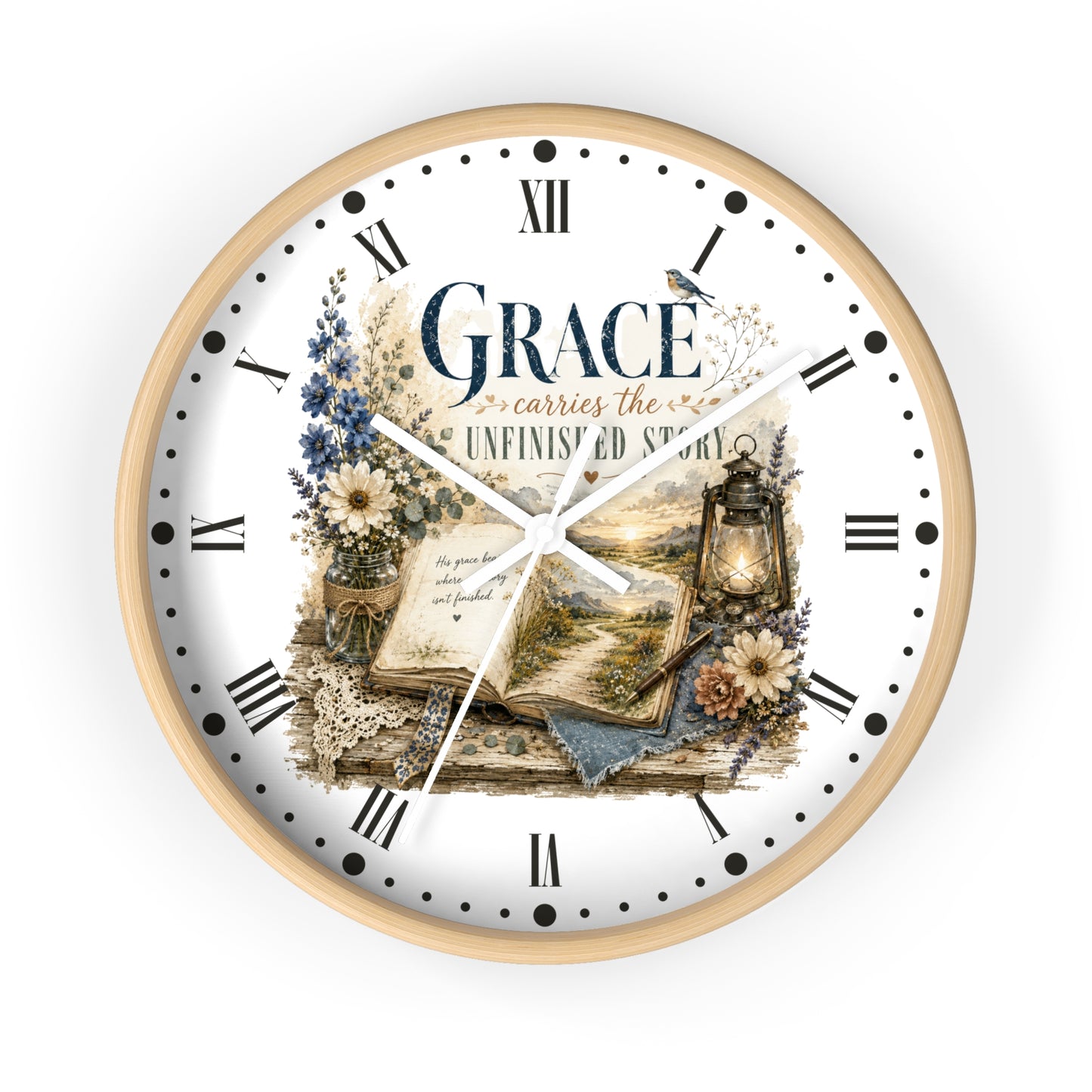 Grace Carries the Unfinished Story Wall Clock — Inspirational Rustic Farmhouse Decor
