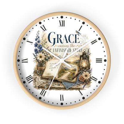 Grace Carries the Unfinished Story Wall Clock — Inspirational Rustic Farmhouse Decor