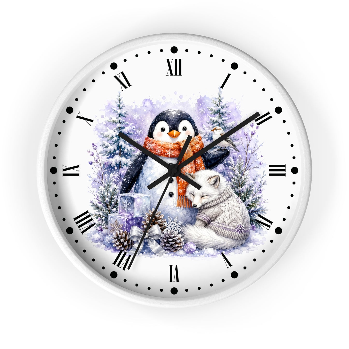 A round wall clock with a white face featuring a winter illustration of a penguin and a fox among snowy trees, with black Roman numerals and hands on a white background.