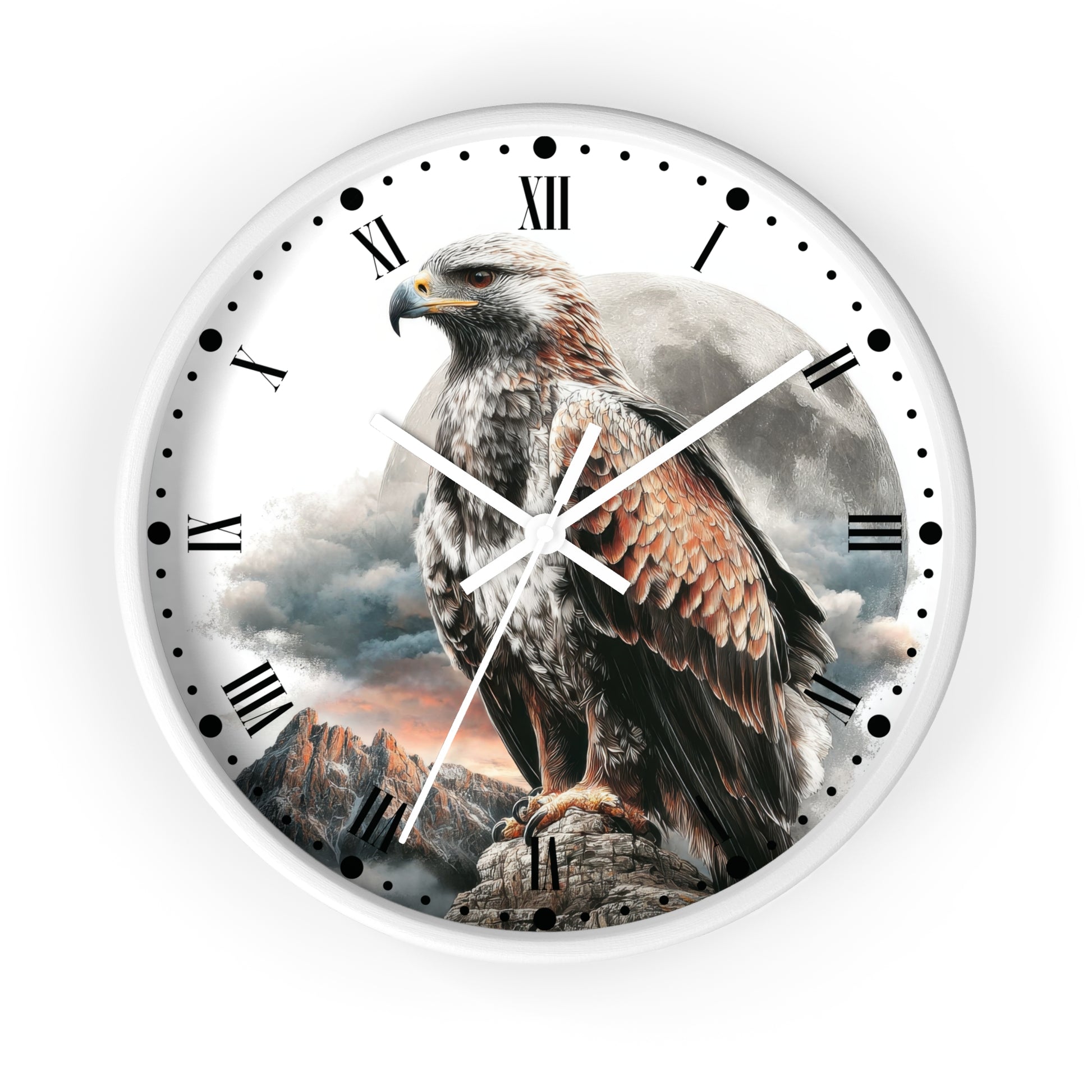 A round wall clock with a white frame and a printed design of a large brown and gray eagle perched against a cloudy sky and rocky mountains. The clock face has black Roman numerals, black hour markers with dots, and white hands.