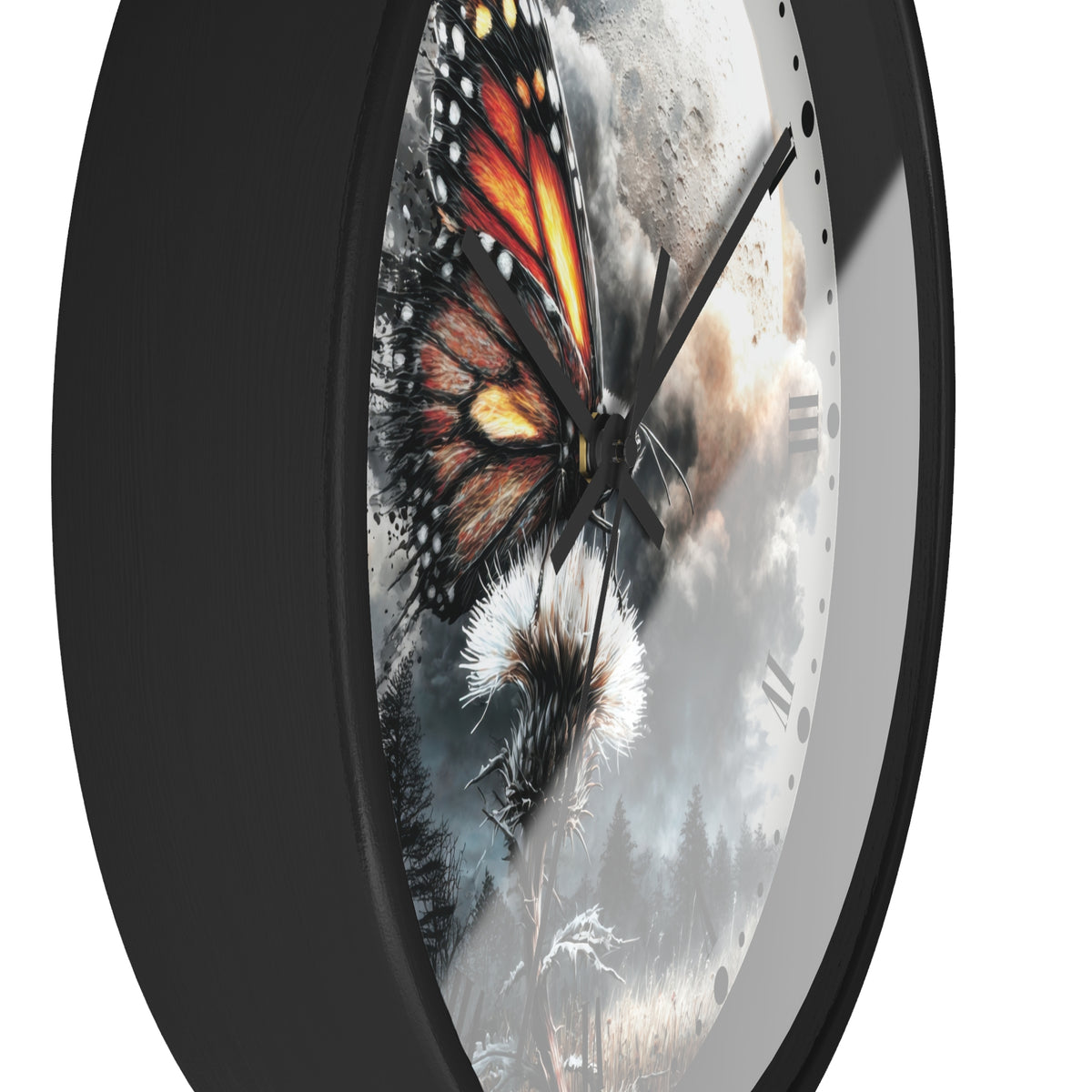 A round wall clock with a black frame and a printed dial featuring a monarch butterfly over a dandelion and misty forest scene.