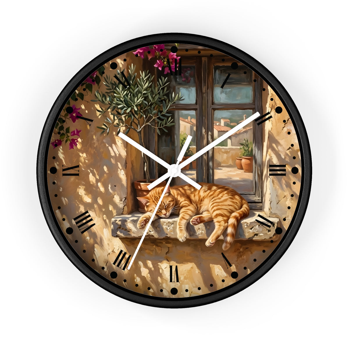 Round wall clock with a black frame and a printed scene of an orange tabby cat sleeping on a stone ledge outside a window, with black Roman numerals and white clock hands on a white background.
