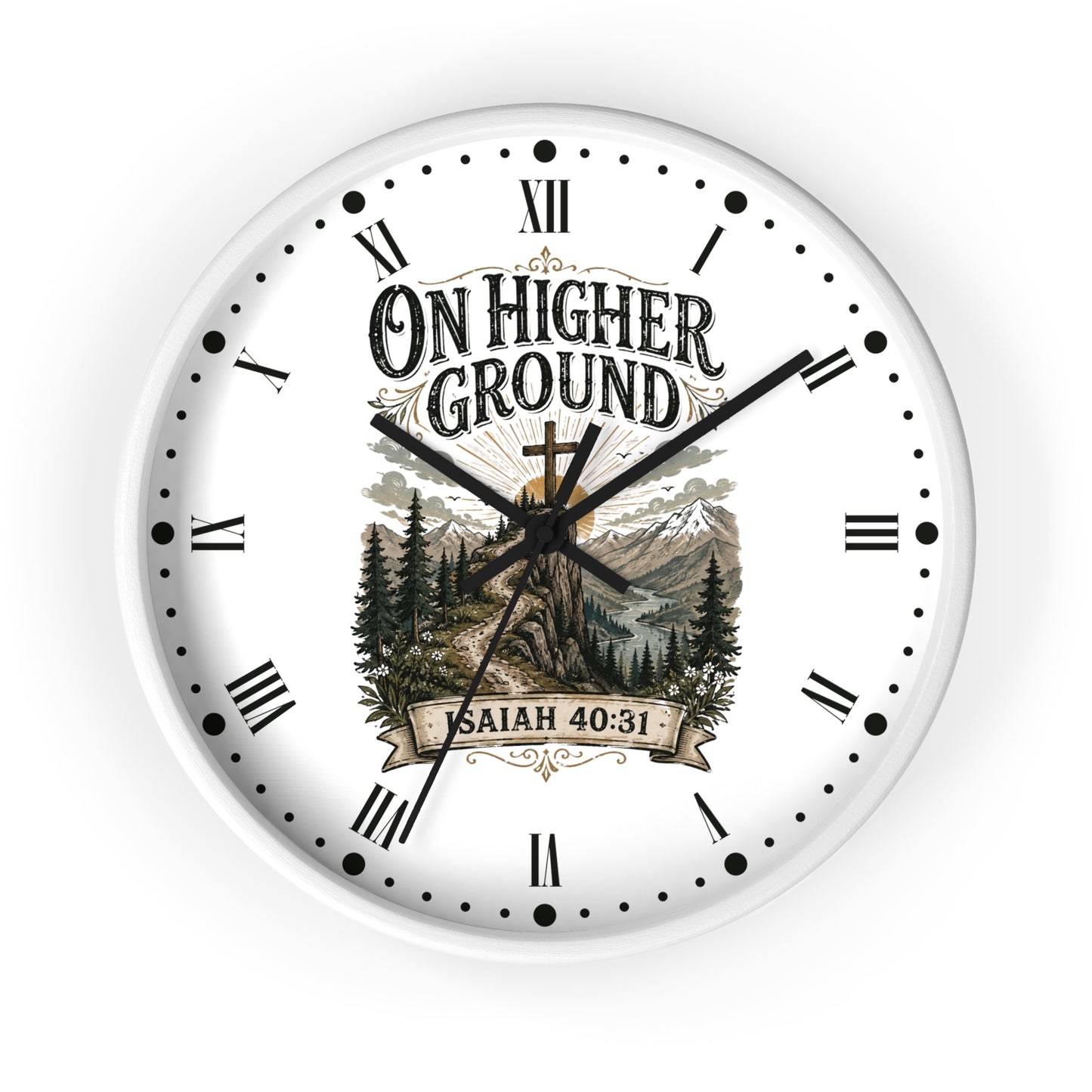 A round white wall clock with black Roman numerals and hands, featuring a scenic mountain and forest illustration in the center with the text 'ON HIGHER GROUND' and 'SAITH 40:31'.