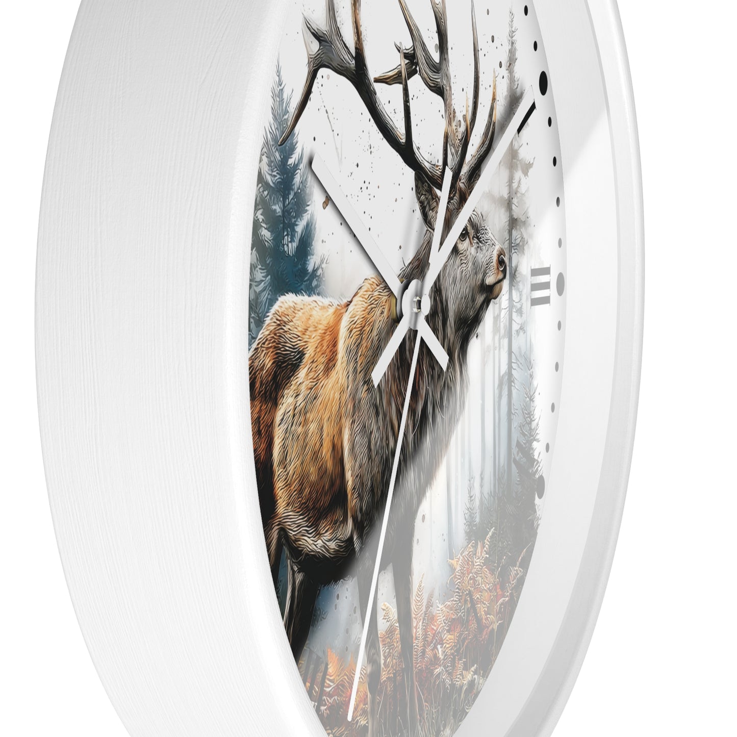 A white oval wall clock featuring a detailed print of a brown deer with large antlers in a misty forest scene.