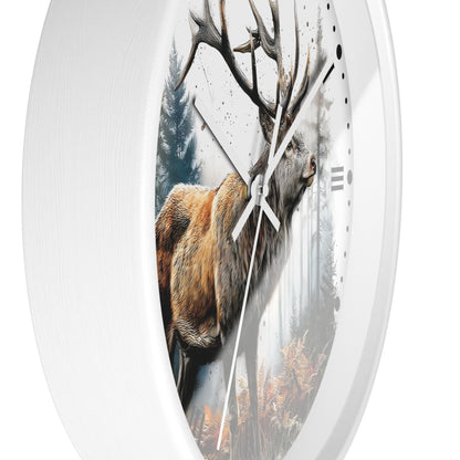 A white oval wall clock featuring a detailed print of a brown deer with large antlers in a misty forest scene.