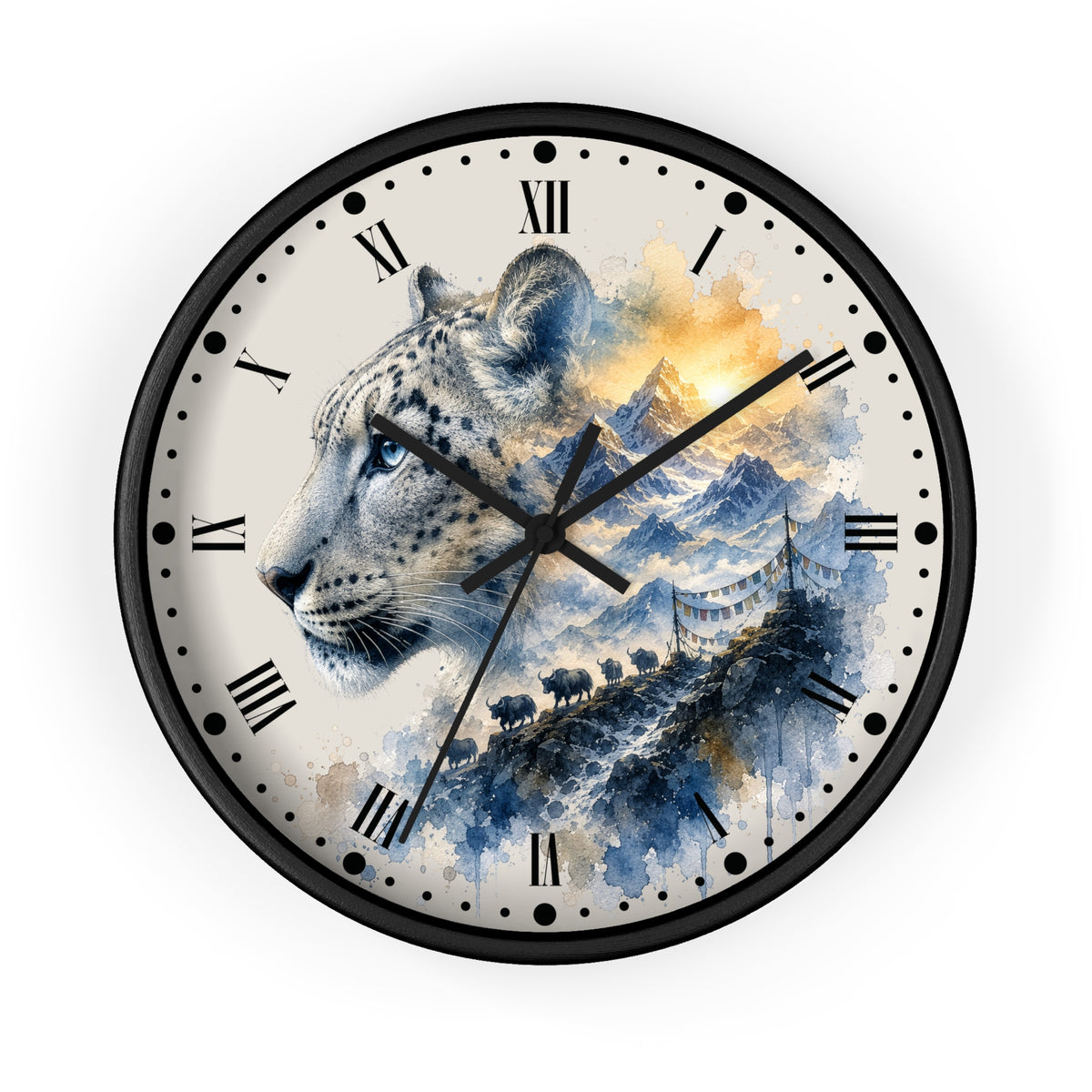 A round wall clock with a black frame and a printed design featuring a snow leopard in profile over blue watercolor mountains and a golden sky. The clock face is off-white with black Roman numerals and black hands, shown against a plain white background.