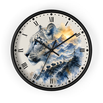 A round wall clock with a black frame and a printed design featuring a snow leopard in profile over blue watercolor mountains and a golden sky. The clock face is off-white with black Roman numerals and black hands, shown against a plain white background.