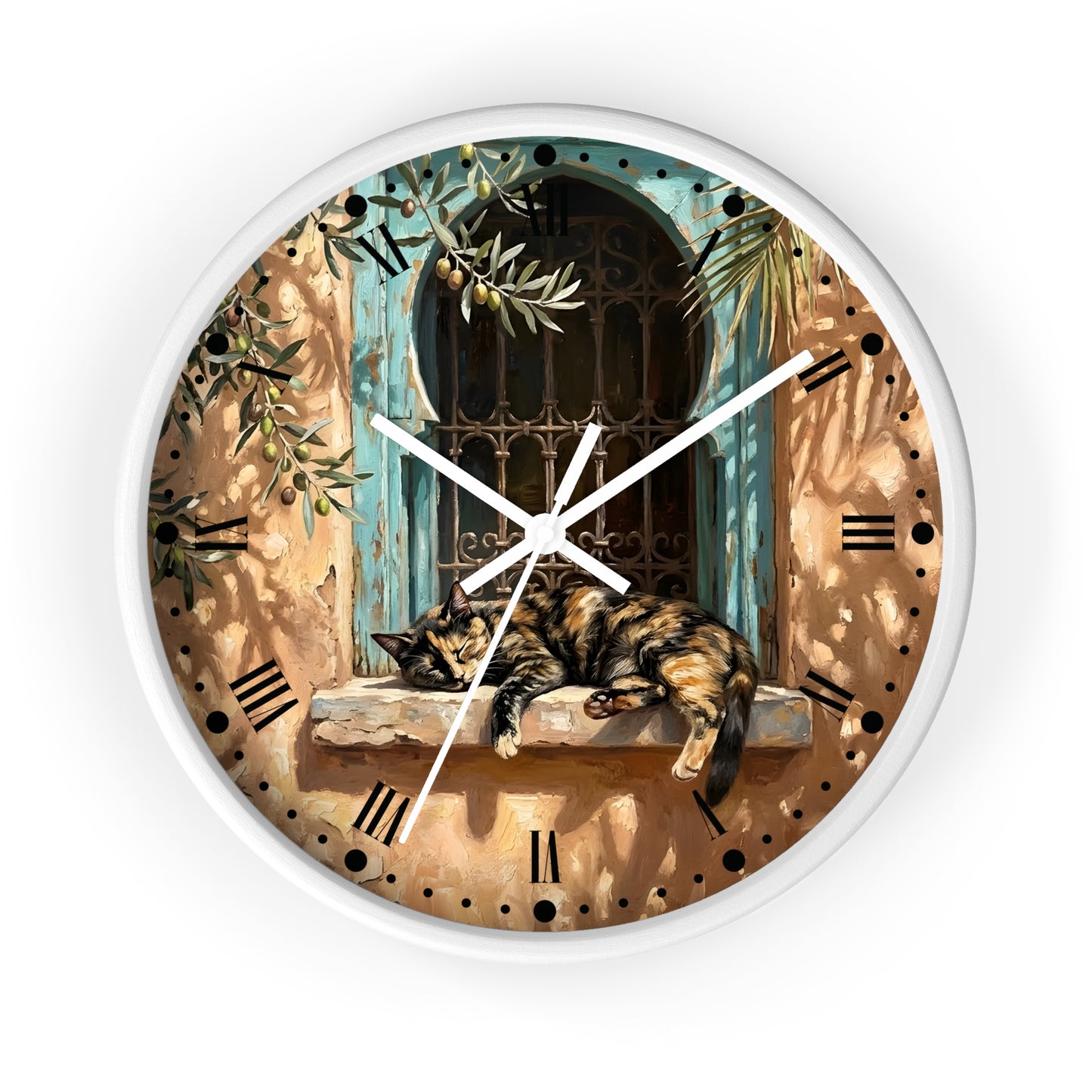 Mediterranean Torte Cat Wall Clock — Sleeping Calico Tabby Window Scene