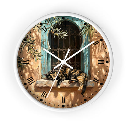 Mediterranean Torte Cat Wall Clock — Sleeping Calico Tabby Window Scene