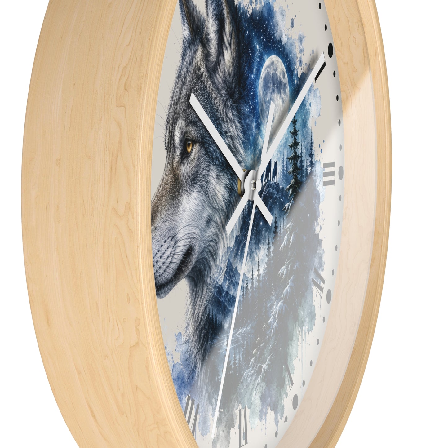 Round wall clock with a light natural wood frame and a printed wolf face artwork on the face, with white hands and black Roman numerals, shown against a plain white background.