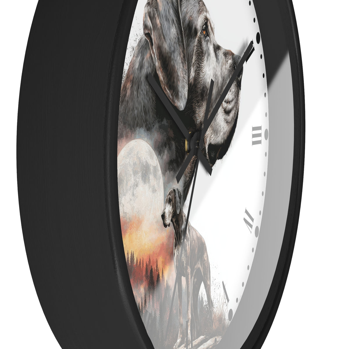 A round wall clock with a black frame and a white face featuring a composite dog portrait with a moon and sunset scene, shown on a white background.