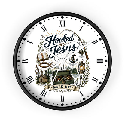 Hooked on Jesus Wall Clock — Christian Fishing & Faith Decor (Mark 1:17)
