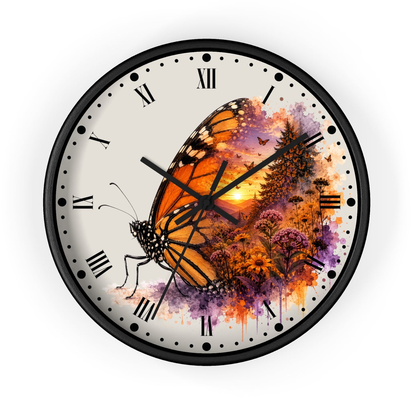 Round wall clock with a black frame and a white face featuring a large orange-and-black butterfly over a colorful floral and sunset illustration. Black Roman numerals and clock hands are visible.