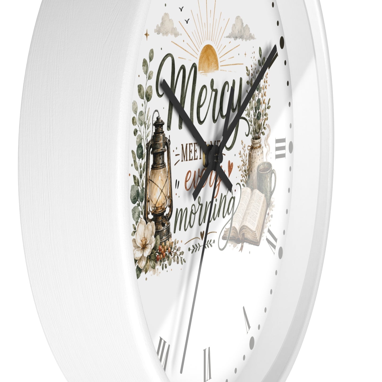 Mercy Meets Every Morning Wall Clock — Rustic Christian Inspirational Decor