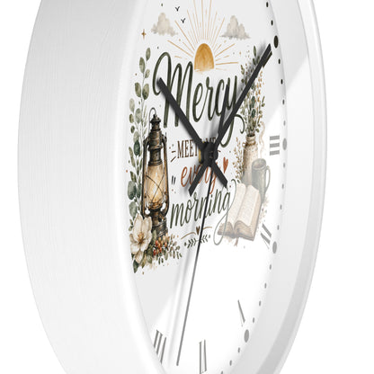 Mercy Meets Every Morning Wall Clock — Rustic Christian Inspirational Decor