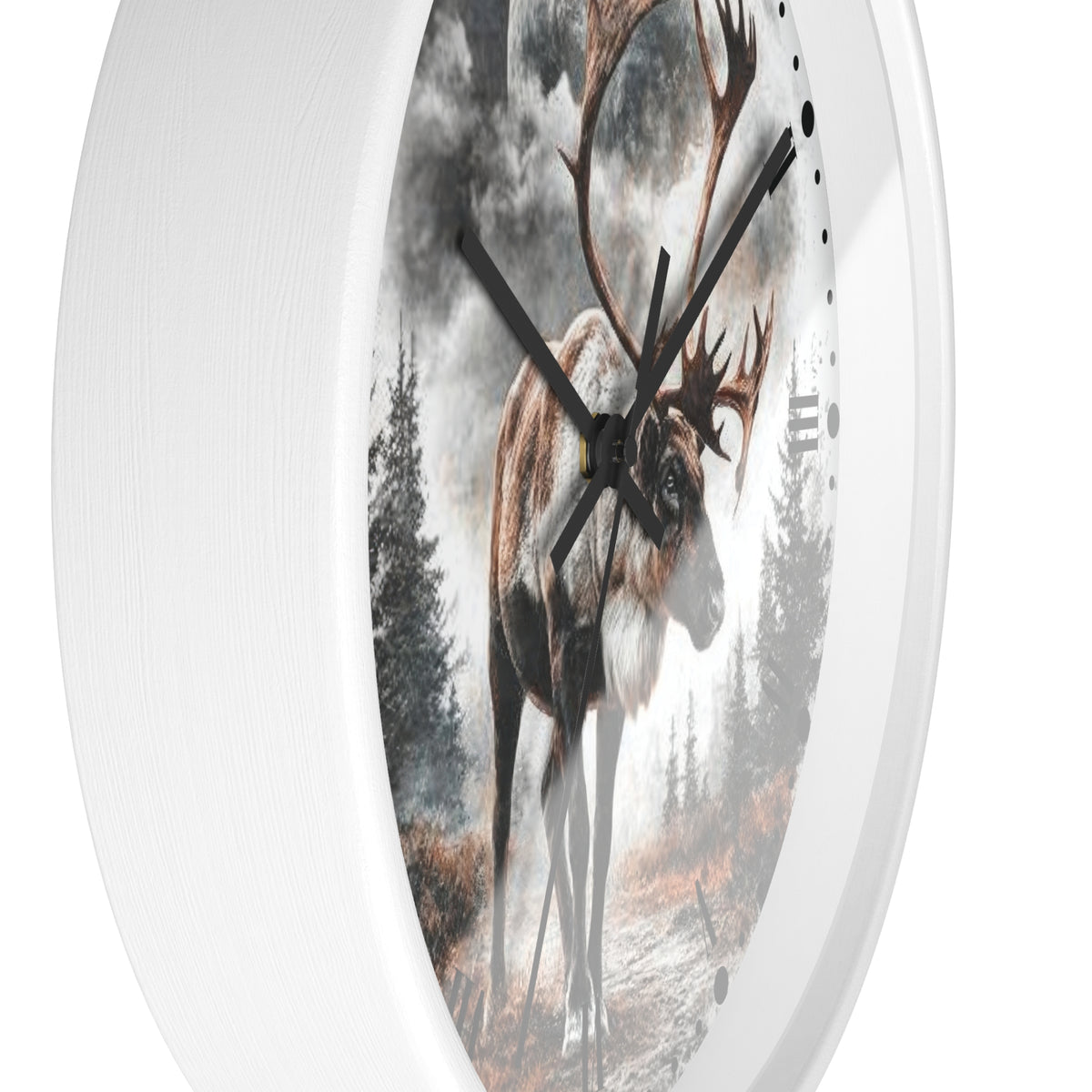 Round wall clock with a white frame and a printed design of a reindeer in a misty forest, shown against a plain white background.