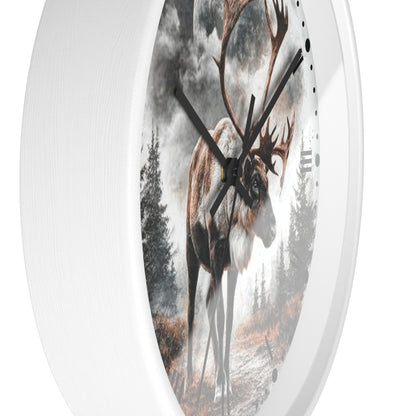 Round wall clock with a white frame and a printed design of a reindeer in a misty forest, shown against a plain white background.