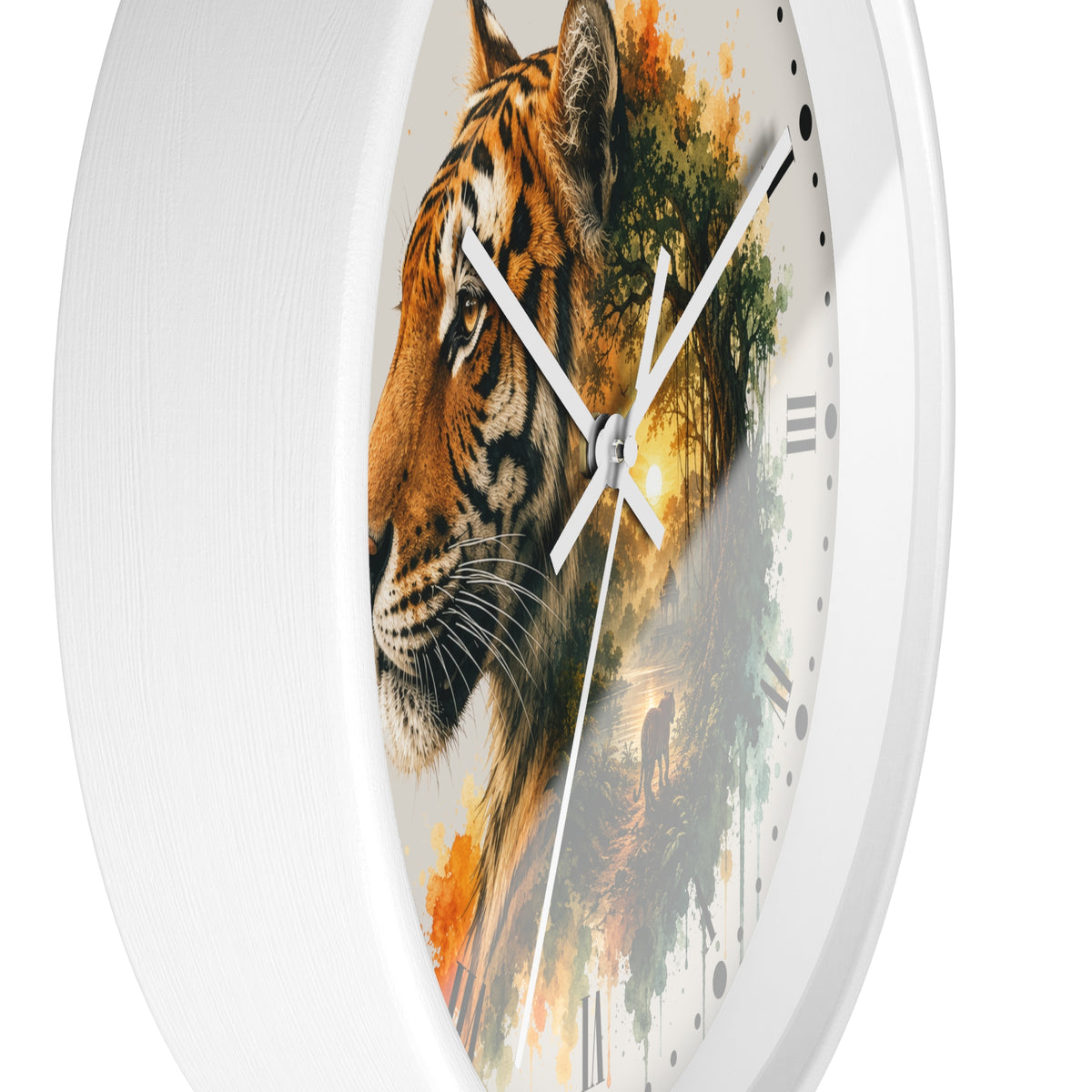 A white round wall clock with a printed artistic face featuring a tiger's head in profile over a watercolor-style forest scene in orange, green, and brown tones.